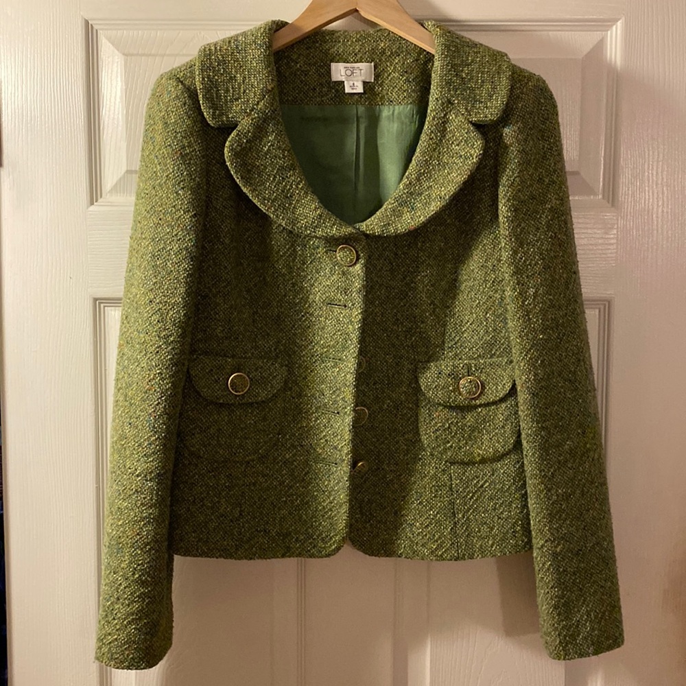 LOFT Olive Green Tweed Cropped Jacket